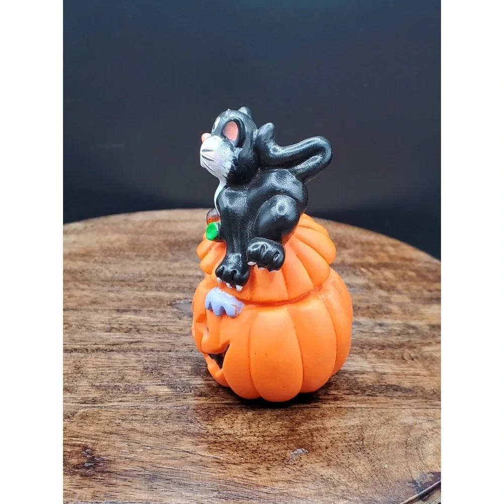Vintage Halloween Pumpkin Black Cat Plastic Toy PVC Figure